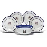 A CHINESE EXPORT ARMORIAL SQUARE BOWL AND SIX