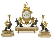 A LOUIS XVI ORMOLU AND PATINATED BRONZE CLOCK GARNITURE, COMPRISING A MANTEL CLO