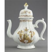 A CHINESE EXPORT ARMORIAL SILVER-SHAPE SMALL COFFEE POT AND COVER
CIRCA 1753-55