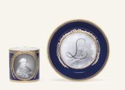 MEISSEN (MARCOLINI) BLUE-GROUND CYLINDRICAL PORTRAIT CUP AND SAUCER